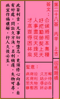 Kwan Tai Luncheon Sign No. 28: Upper auspiciousness 司马 司马题桥