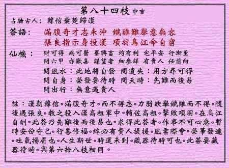 Huang Da Xian Lunar Sign 84th Sign: Auspicious Han Xin abandons Chu and returns to Han.
